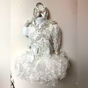 18/24 Month White 2 Pc Beaded Corset Lace Up Cupcake Pageant Dress & Bow NWT